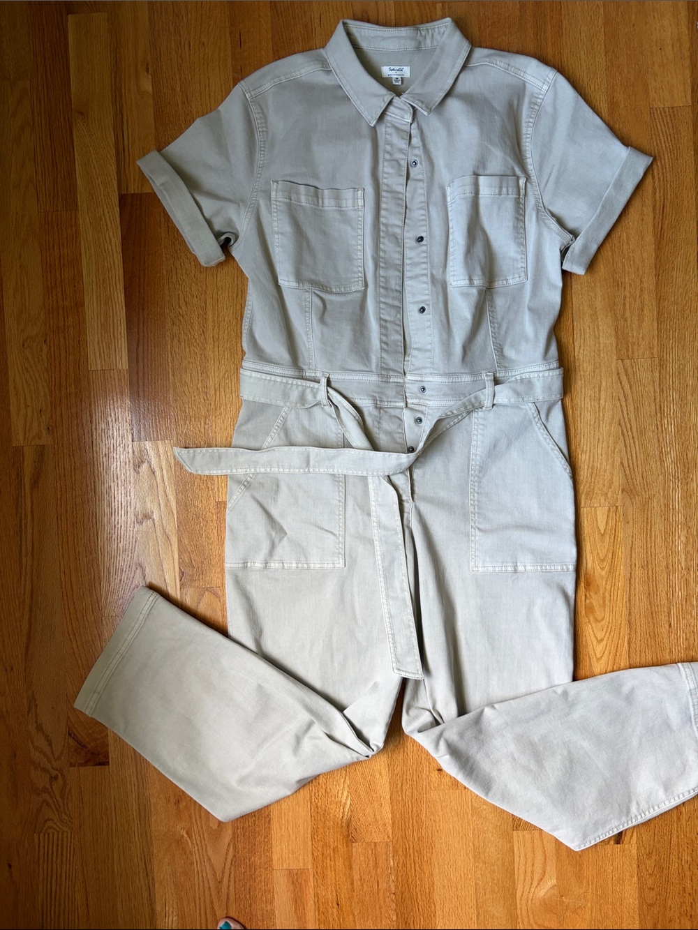 Splendid Cotton Blend Button-Front Jumpsuit in Light Beige/Khaki